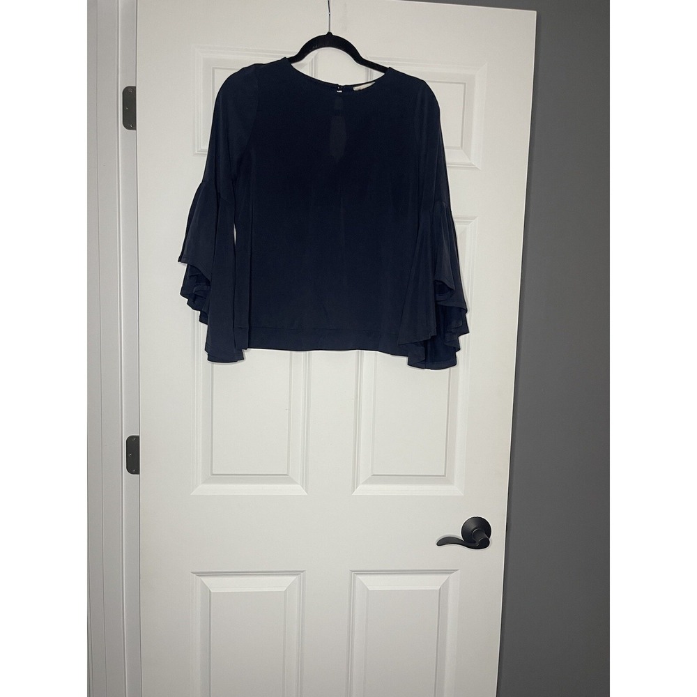 Maronie Tiered Bell Sleeve Keyhole Button Back blouse Top small navy